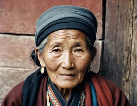 A Tibetan elderly woman 70 years old in traditional garments gazes warmly, showcasing wisdom and resilience against a backdrop of aged wood and rustic colors that reflect her heritage. Generative AI.
