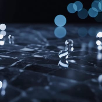Intricate patterns of dark granite chips, illuminated by subtle lighting that creates a calm and elegant atmosphere. The black crushed mineral sparkles. Bokeh or drops. Generative AI.