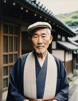 A senior man 70 years old wearing traditional Japanese clothing, showing a sense of pride and heritage in a serene courtyard with wooden buildings. An elderly resident of Japan. Generative AI.
