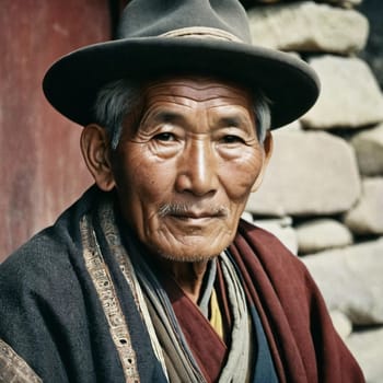 A traditional elderly Tibetan man 70 years old with a distinct features poses against a rustic background, reflecting his rich cultural identity and heritage. Wise serious direct gaze. Generative AI.