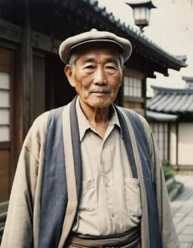 A senior man 70 years old wearing traditional Japanese clothing, showing a sense of pride and heritage in a serene courtyard with wooden buildings. An elderly resident of Japan. Generative AI.