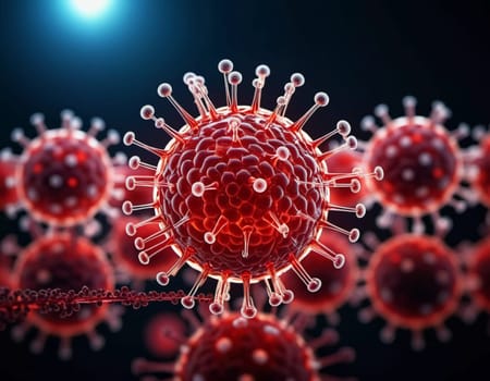 A vivid visualization of HIV, showcasing multiple virus particles. The intricate structures are highlighted against dark background, emphasizing their complexity. Virology as a science. Generative AI.