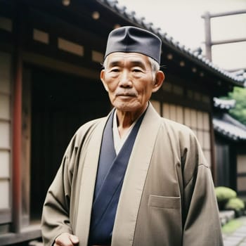 A senior man 70 years old wearing traditional Japanese clothing, showing a sense of pride and heritage in a serene courtyard with wooden buildings. An elderly resident of Japan. Generative AI.