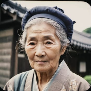 A graceful Japanese woman 70 years old wears a traditional kimono adorned with floral patterns while posing in beautiful garden. The tranquil surrounding enhance her dignified presence. Generative AI.