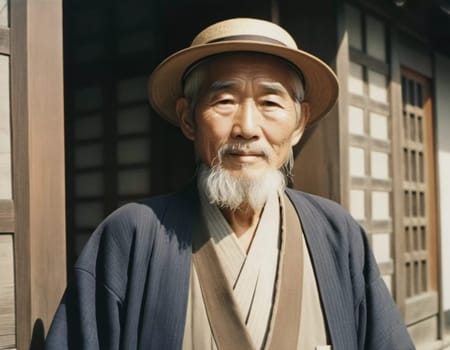 A senior man 70 years old wearing traditional Japanese clothing, showing a sense of pride and heritage in a serene courtyard with wooden buildings. An elderly resident of Japan. Generative AI.