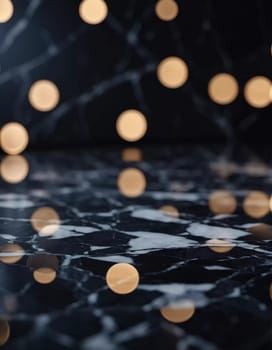 A polished marble surface glistens under warm, diffused golden lighting, creating a serene atmosphere in a stylish interior space. The reflections enhance the elegance of the setting. Generative AI.