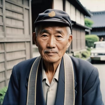 A senior man 70 years old wearing traditional Japanese clothing, showing a sense of pride and heritage in a serene courtyard with wooden buildings. An elderly resident of Japan. Generative AI.