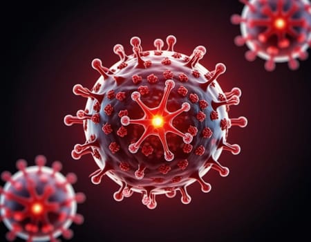 A vivid visualization of HIV, showcasing multiple virus particles. The intricate structures are highlighted against dark background, emphasizing their complexity. Virology as a science. Generative AI.