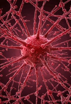 A vivid visualization of HIV, showcasing multiple virus particles. The intricate structures are highlighted against dark background, emphasizing their complexity. Virology as a science. Generative AI.