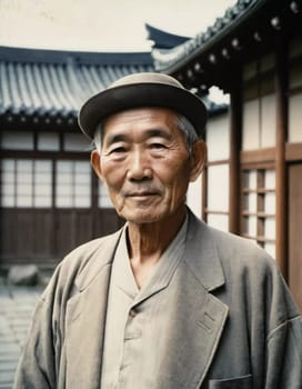 A senior man 70 years old wearing traditional Japanese clothing, showing a sense of pride and heritage in a serene courtyard with wooden buildings. An elderly resident of Japan. Generative AI.