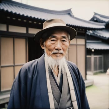 A senior man 70 years old wearing traditional Japanese clothing, showing a sense of pride and heritage in a serene courtyard with wooden buildings. An elderly resident of Japan. Generative AI.
