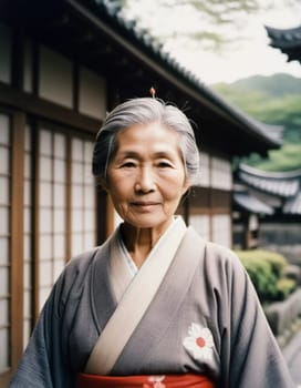 A graceful Japanese woman 70 years old wears a traditional kimono adorned with floral patterns while posing in beautiful garden. The tranquil surrounding enhance her dignified presence. Generative AI.