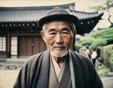 A senior man 70 years old wearing traditional Japanese clothing, showing a sense of pride and heritage in a serene courtyard with wooden buildings. An elderly resident of Japan. Generative AI.