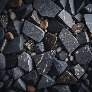 Intricate patterns of dark granite chips, illuminated by subtle lighting that creates a calm and elegant atmosphere. The black crushed mineral sparkles. Bokeh or drops. Generative AI.