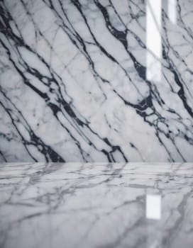 A detailed look at a polished marble surface reveals stunning veining and a smooth, reflective finish. The light enhances the beauty of the stone. Generative AI.