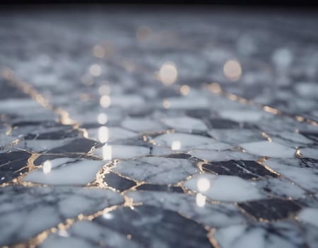 A detailed look at a polished marble surface reveals stunning veining and a smooth, reflective finish. The light enhances the beauty of the stone. Generative AI.