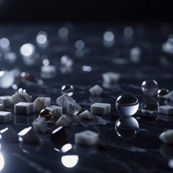 Intricate patterns of dark granite chips, illuminated by subtle lighting that creates a calm and elegant atmosphere. The black crushed mineral sparkles. Bokeh or drops. Generative AI.