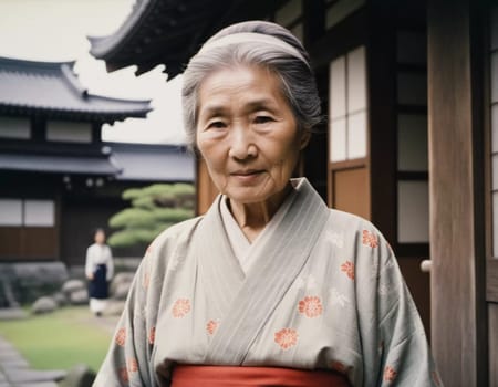 A graceful Japanese woman 70 years old wears a traditional kimono adorned with floral patterns while posing in beautiful garden. The tranquil surrounding enhance her dignified presence. Generative AI.