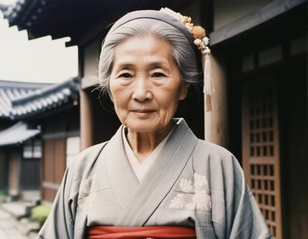 A graceful Japanese woman 70 years old wears a traditional kimono adorned with floral patterns while posing in beautiful garden. The tranquil surrounding enhance her dignified presence. Generative AI.