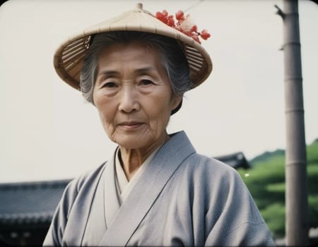 A graceful Japanese woman 70 years old wears a traditional kimono adorned with floral patterns while posing in beautiful garden. The tranquil surrounding enhance her dignified presence. Generative AI.