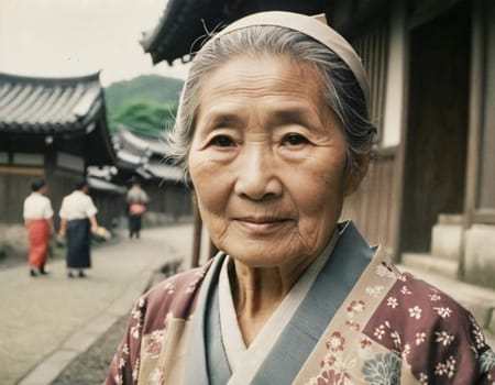 A graceful Japanese woman 70 years old wears a traditional kimono adorned with floral patterns while posing in beautiful garden. The tranquil surrounding enhance her dignified presence. Generative AI.