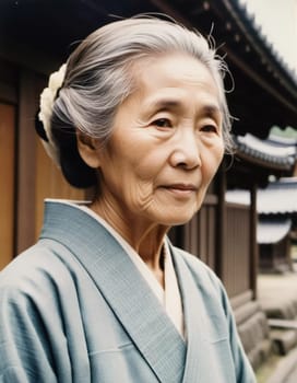 A graceful Japanese woman 70 years old wears a traditional kimono adorned with floral patterns while posing in beautiful garden. The tranquil surrounding enhance her dignified presence. Generative AI.