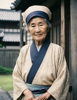 A graceful Japanese woman 70 years old wears a traditional kimono adorned with floral patterns while posing in beautiful garden. The tranquil surrounding enhance her dignified presence. Generative AI.