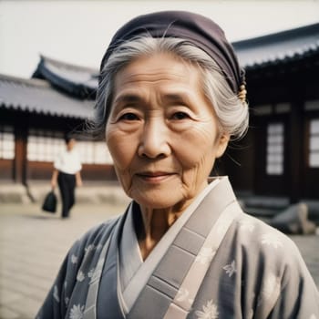 A graceful Japanese woman 70 years old wears a traditional kimono adorned with floral patterns while posing in beautiful garden. The tranquil surrounding enhance her dignified presence. Generative AI.