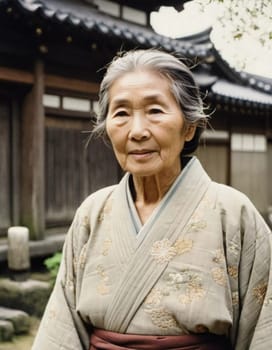 A graceful Japanese woman 70 years old wears a traditional kimono adorned with floral patterns while posing in beautiful garden. The tranquil surrounding enhance her dignified presence. Generative AI.