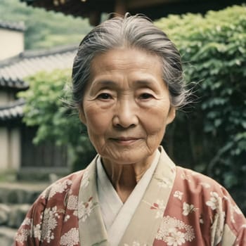 A graceful Japanese woman 70 years old wears a traditional kimono adorned with floral patterns while posing in beautiful garden. The tranquil surrounding enhance her dignified presence. Generative AI.