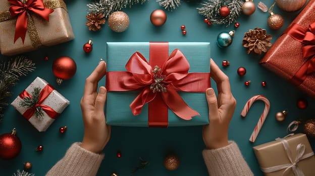 Woman's Hands Holding Christmas Gift Box, Festive Season Flat Lay