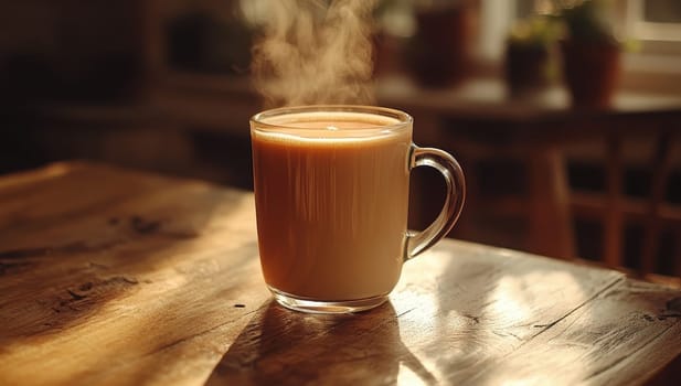 Steaming Mug of Coffee in Sunlit Kitchen, Warmth and Comfort