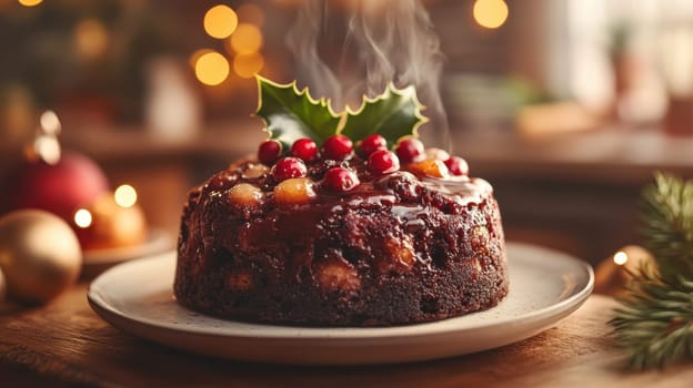 Steaming Christmas Pudding with Festive Decorations, Traditional Holiday Dessert