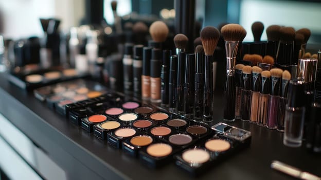 Professional makeup brushes and eye shadow palette on a vanity table. Beauty, cosmetics, and makeup artist concept.