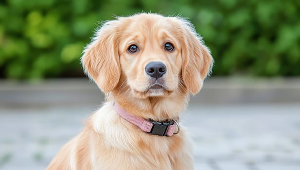 Golden Retriever puppy portrait outdoors. Adorable young dog with pink collar.