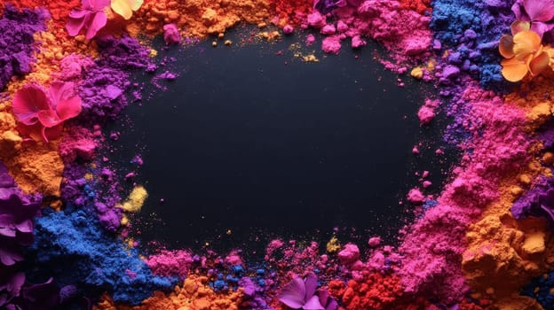 Vibrant Holi Color Powder Frame on Black Background
