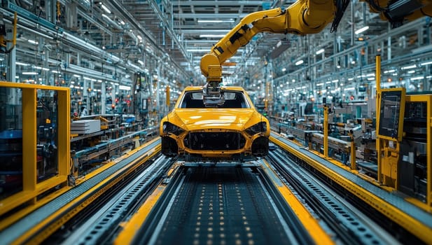 Car Manufacturing Plant, Robotic Arm Assembling Vehicle on Production Line