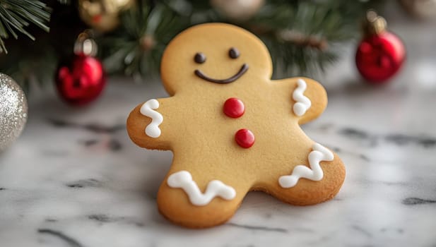 Gingerbread Man Cookie on Marble with Festive Background. Concept of Christmas Baking
