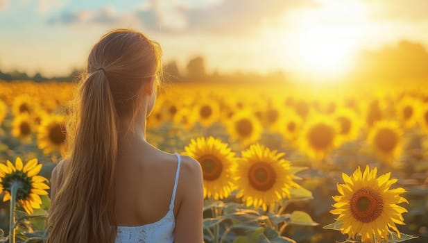 Woman enjoying sunset in a sunflower field. Concept of freedom, happiness, and summer.