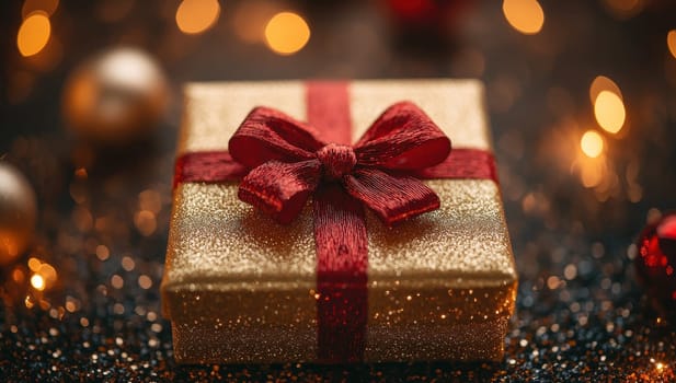 Golden Christmas Gift Box with Red Bow and Festive Lights. Concept of Holiday, Celebration