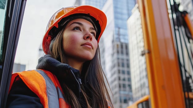Confident Female Engineer in Hard Hat at Construction Site,  Concept of Women in STEM
