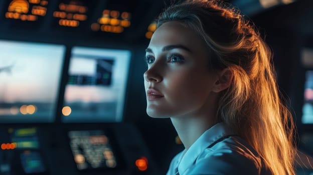 Close up portrait of young female air traffic controller working in control room, Concept of aviation, technology, navigation, and profession