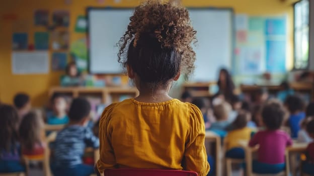 Rear view of a young girl sitting in a classroom listening to the teacher. Concept of early childhood education and development.