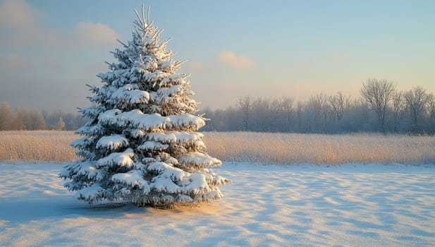 Snowy Pine Tree in Winter Landscape at Sunset