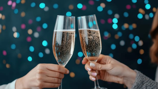 Cheers! Two hands clinking champagne glasses against festive bokeh lights. Concept of celebration, New Year's Eve, and holidays.