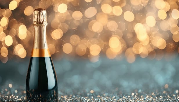 Champagne bottle against a sparkling gold background. Concept of celebration, New Year's Eve, party