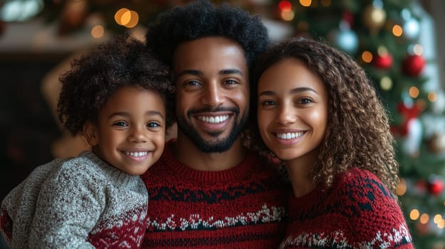 Portrait of happy multiracial family, parents and daughter, posing by the decorated Christmas tree at home, looking at camera and smiling. Joyful holiday moments concept.