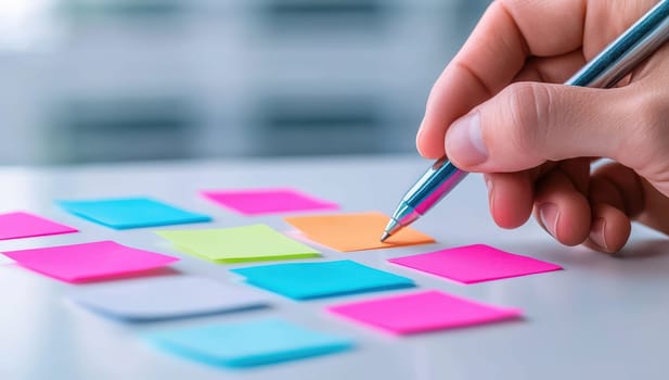 Hand writing on sticky notes. Concept of brainstorming, planning, and organizing.
