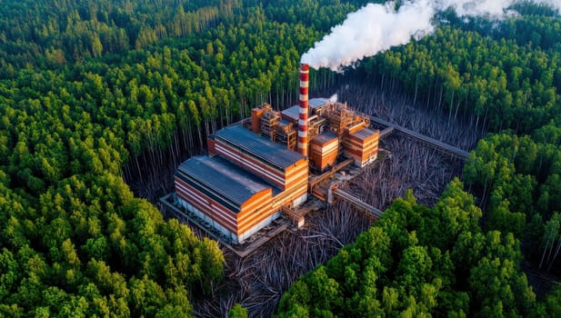 Aerial view of a wood processing plant amidst a forest. Concept of industry, deforestation, sustainability