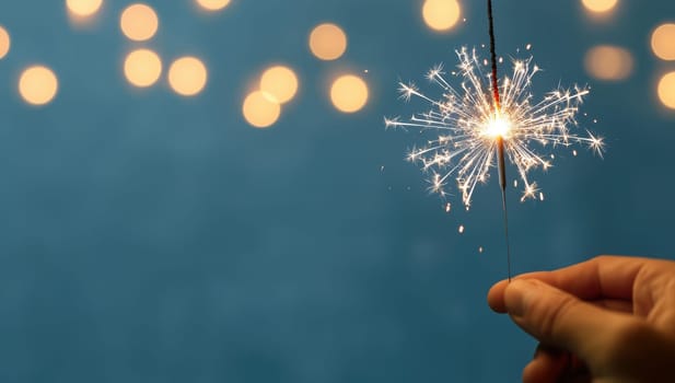 Hand holding a sparkler with bokeh lights. Concept of celebration, holidays, and new beginnings.